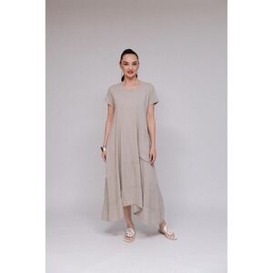 SAGA Italy Sustainable Cotton Asymmetrical Midi Dress Pink Short Sleeve Pocket